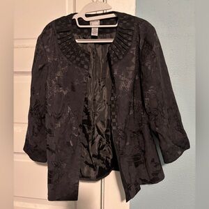 Chico's Black Textured Jacket With Floral Embroidered Pattern and Pleated Accent